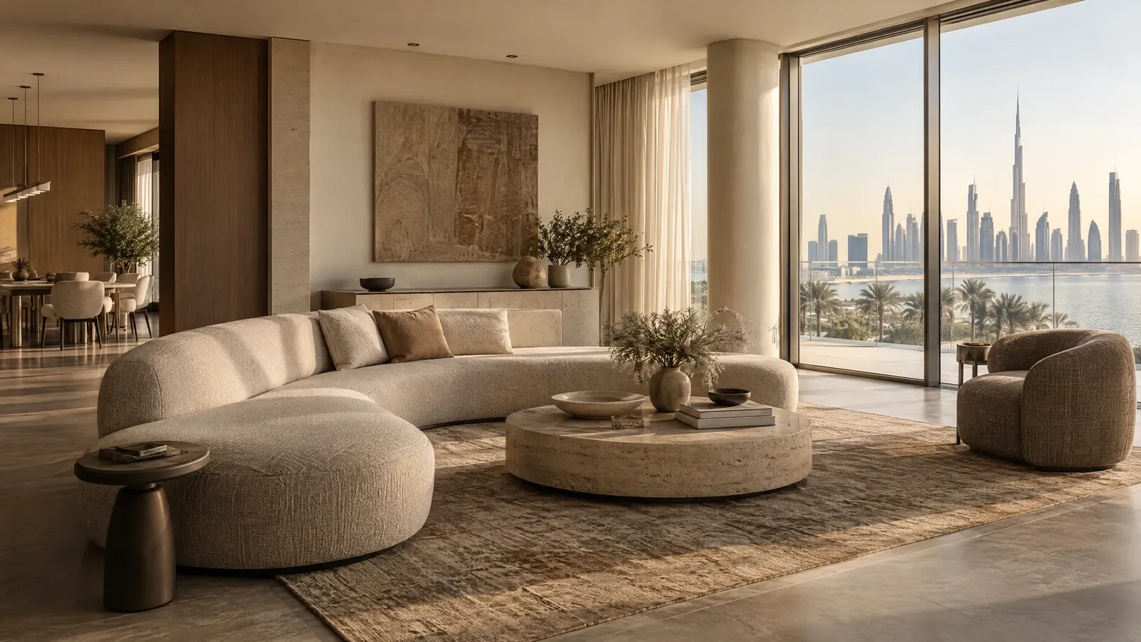 Warm contemporary living room with limestone, oak and natural light
