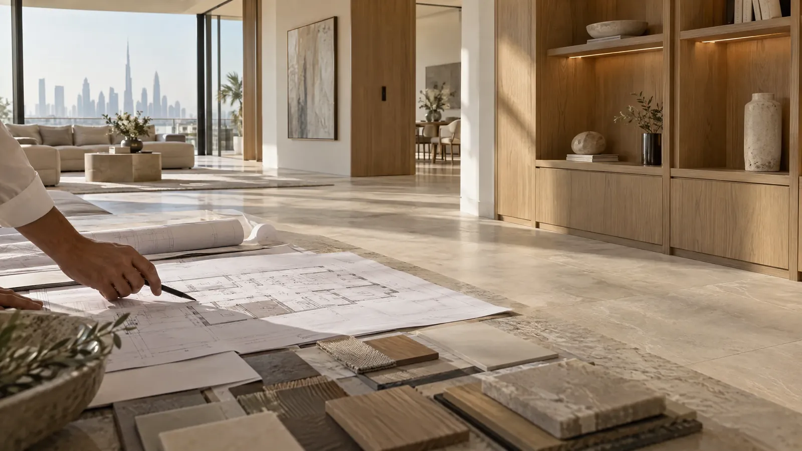 Architectural plans and material samples in a completed interior