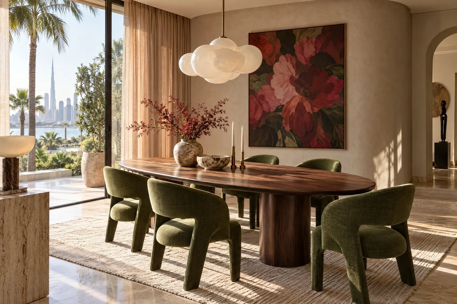 A considered dining corner with green chairs, warm timber and artwork
