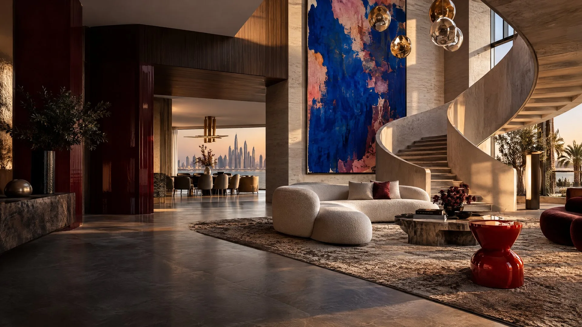 A contemporary residence with sculptural furniture, expressive artwork and layered materials