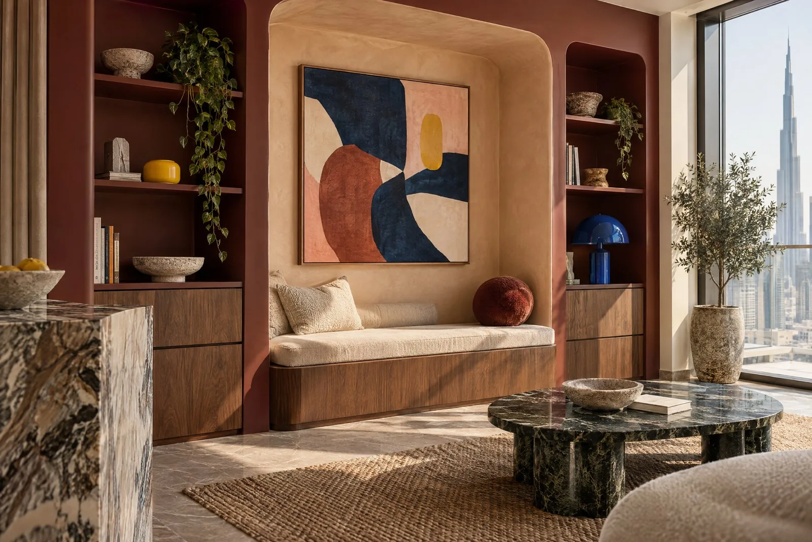 A close view of custom joinery, blush tones and a sculptural lamp