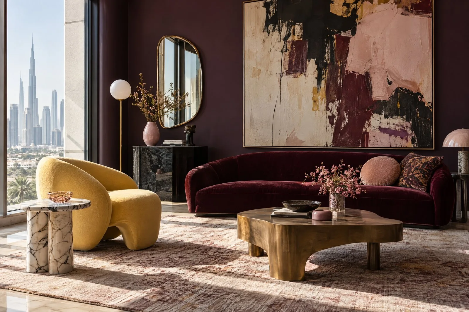A warm, characterful living room with sculptural furniture and collected artwork