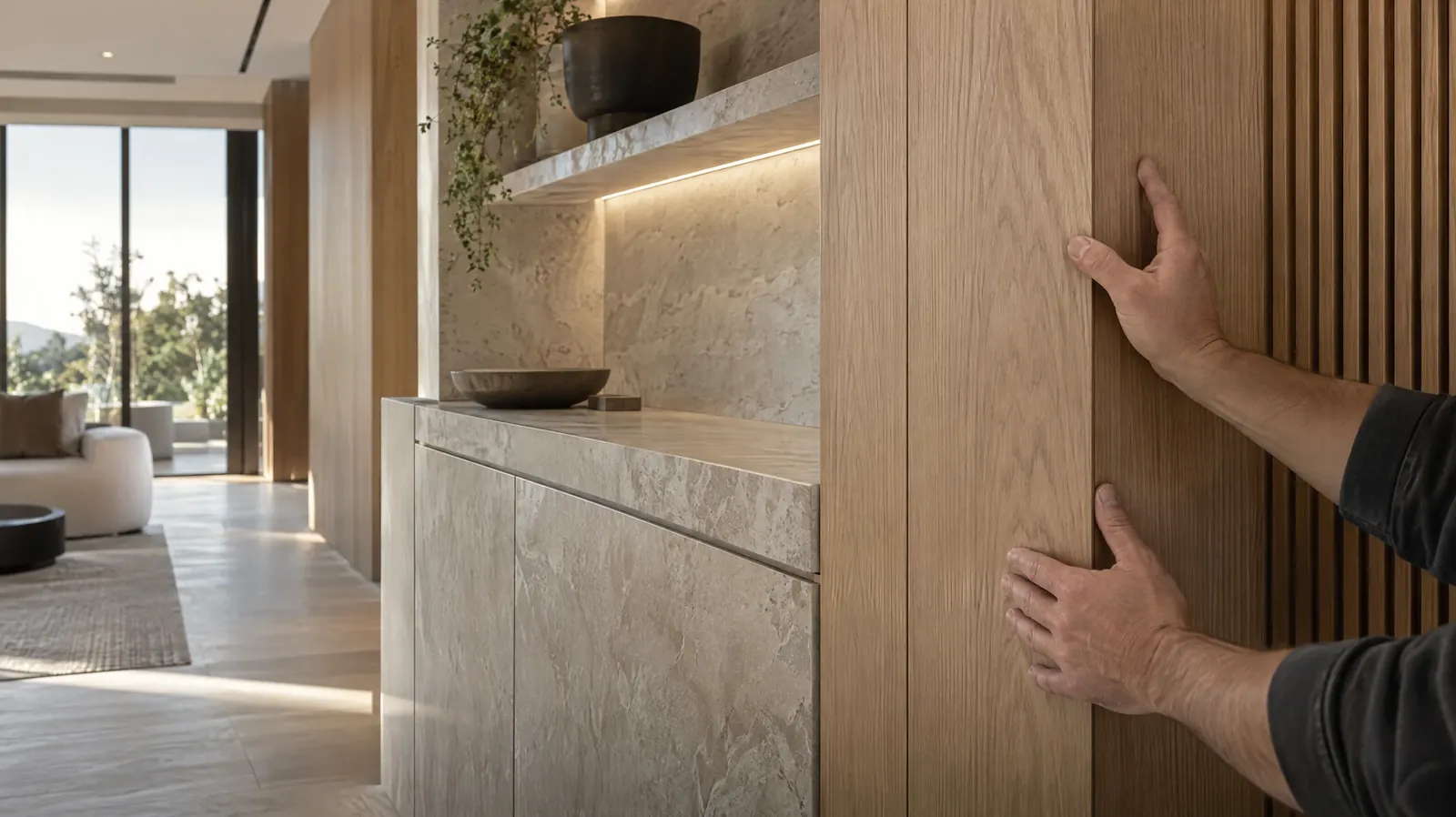 Craftsman aligning custom oak wall panels in a refined residence