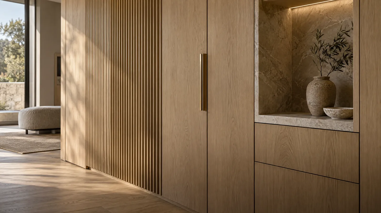 Bespoke oak cabinetry with fluted detailing and a stone niche