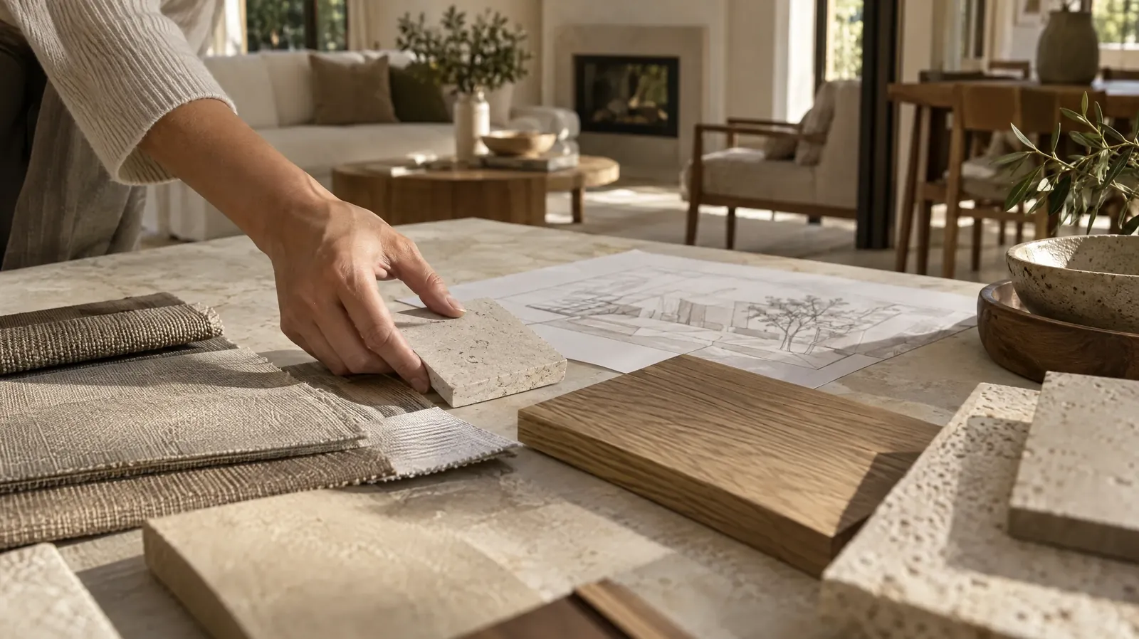 Interior materials and stone samples reviewed during a design consultation