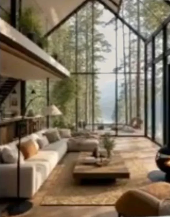 Sunlit contemporary living room with a view through large windows