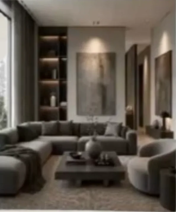 Warm modern living room with balanced, calm furnishings